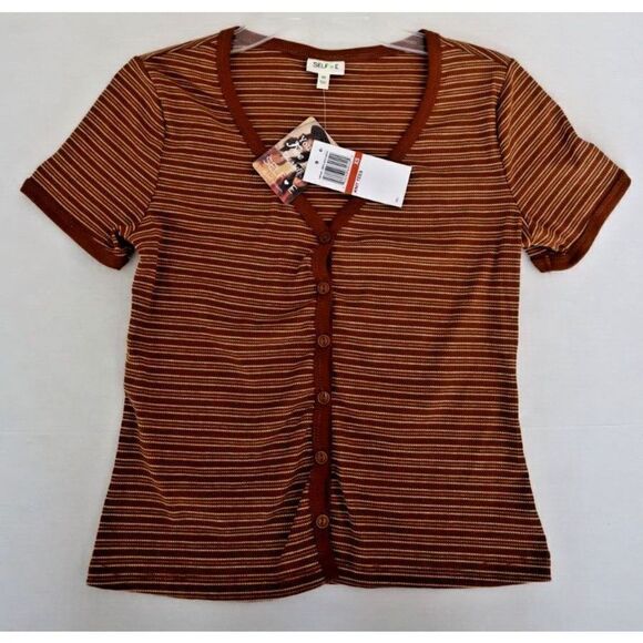 Self Esteem 13MPAQHP Women's Sz XS Glazed Ginger Striped Ribbed V-Neck Knit Tee - Picture 1 of 5
